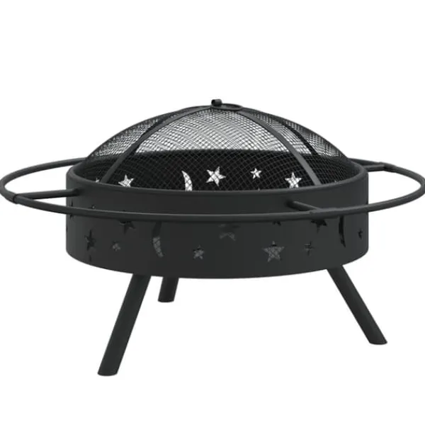 Eldstad med nätlock och eldgaffel - Utomhus eldstad i stål | Storlek: 70 cm | Färg: Svart