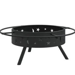 Eldstad med nätlock och eldgaffel - Utomhus eldstad i stål | Storlek: 70 cm | Färg: Svart