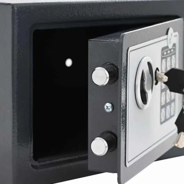 Elektroniskt digitalt säkerhetsskåp i mörkgrått | Storlek: 23x17x17 cm | Material: Stål