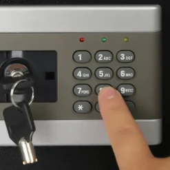 Elektroniskt kassaskåp, möbelsafe, svart, brandsäker, kodlås & nödnyckel, tre-bultslåsning för smycken och kontanter