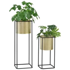 Best Växtställ Mettet set 2-med inbyggda krukor-46x21x21cm-70x25x25cm-metall-svart-guld Växtställ