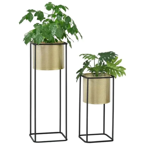 Best Växtställ Mettet set 2-med inbyggda krukor-46x21x21cm-70x25x25cm-metall-svart-guld Växtställ