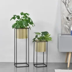 Best Växtställ Mettet set 2-med inbyggda krukor-46x21x21cm-70x25x25cm-metall-svart-guld Växtställ