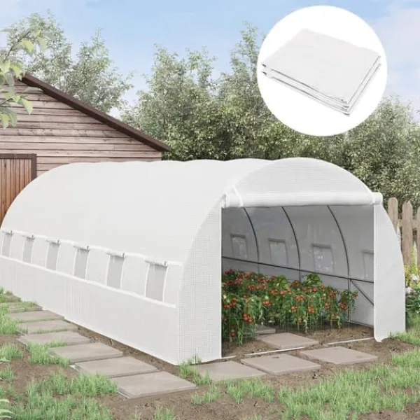Hot Ersättningsfolie 600x300x200 cm, frontdörr & 12 fönster, rivtålig UV-PE – växthustunnel, vit Växthus