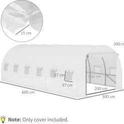 Hot Ersättningsfolie 600x300x200 cm, frontdörr & 12 fönster, rivtålig UV-PE – växthustunnel, vit Växthus