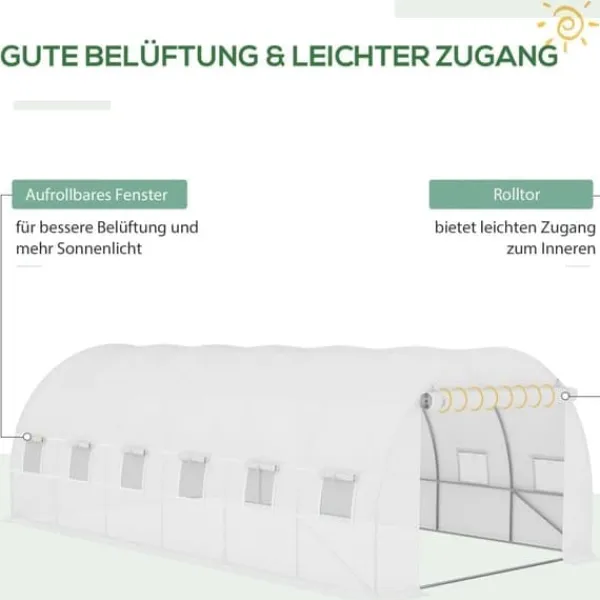 Hot Ersättningsfolie 600x300x200 cm, frontdörr & 12 fönster, rivtålig UV-PE – växthustunnel, vit Växthus