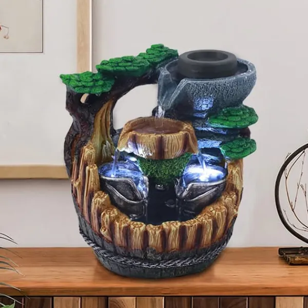 Feng Shui Bordfontän - Inomhus Vattenfall - Flödande Vatten - 2 LED-lampor - Resin - Modern Stil - Fristående - För Kontor och Hem