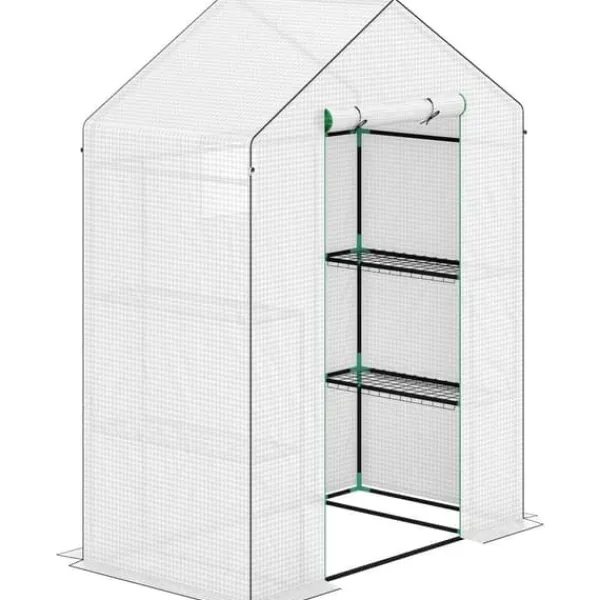 Discount Folieväxthus 143x74x190 cm med rullport, fönster & hyllor, vitt Växthus