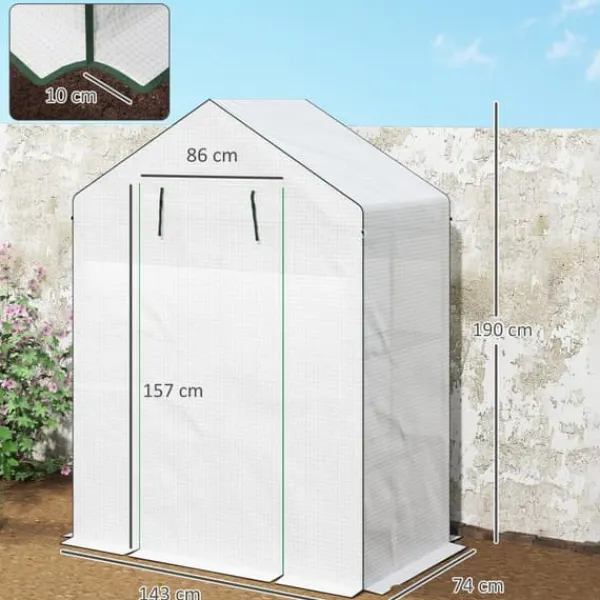 Discount Folieväxthus 143x74x190 cm med rullport, fönster & hyllor, vitt Växthus