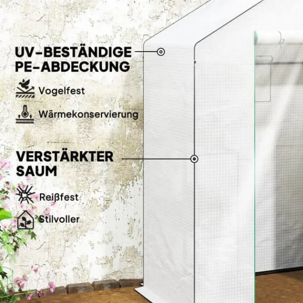 Discount Folieväxthus 143x74x190 cm med rullport, fönster & hyllor, vitt Växthus