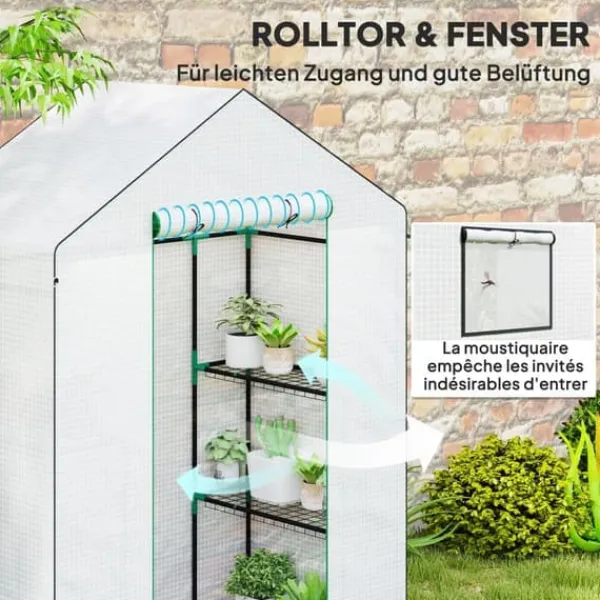 Discount Folieväxthus 143x74x190 cm med rullport, fönster & hyllor, vitt Växthus