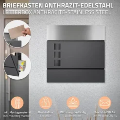 Discount Fristående brevlåda med tidningsfack 37 cm antracit inkl. stativ 120 cm högt Fristående brevlåda Silver Postlådor & Brevlådor