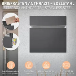 New Fristående brevlåda med tidningsfack 37 cm antracit inkl. stativ 120 cm högt Fristående brevlåda Silver Postlådor & Brevlådor