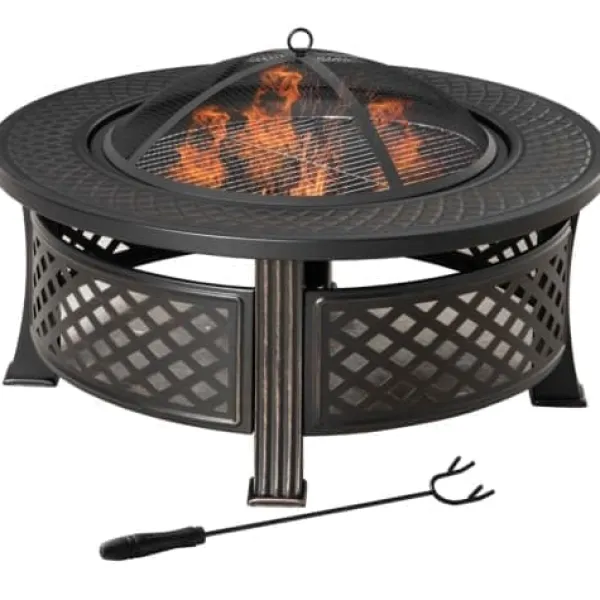 New Fuleadture Eldstad Rund Eldskål i Stål med Gnistskydd och Schürhake för Utomhus, Trädgård, BBQ, 81x50cm Svart Öppna Spisar