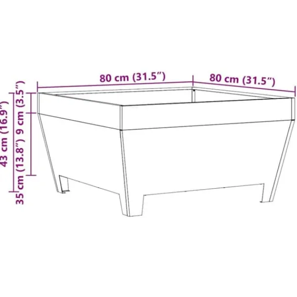 Fyrkantig svart vedeldad eldstad i stål | Storlek: 80x80x43 cm | Väderbeständig och hållbar