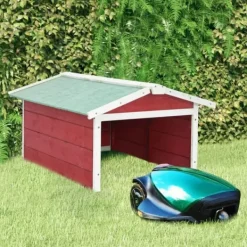 Hot Garage för robotgräsklippare 72x87x50 cm röd och vit granträ Skjul, Garage & Carports
