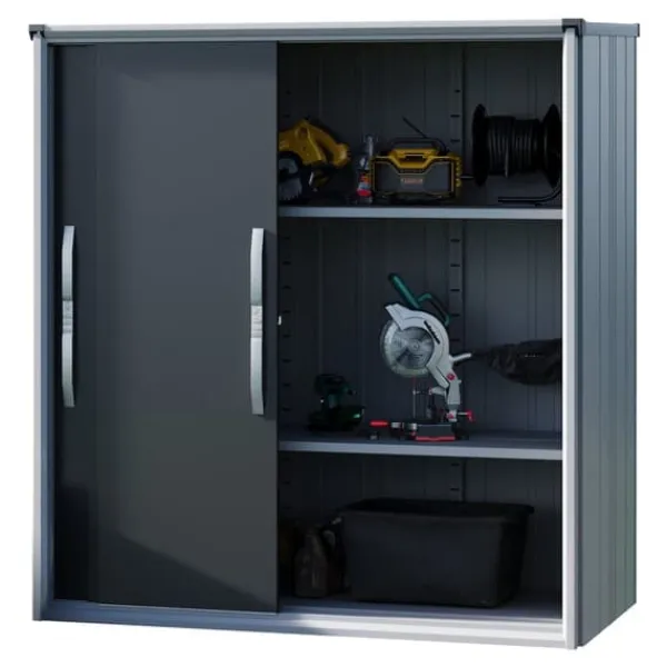 New GFP Förvaringsskåp för utomhusbruk metall 180x75x191 cm verktygsbod inkl. skjutdörr antracit vattentät Skjul, Garage & Carports