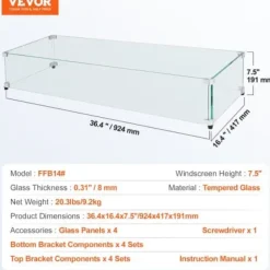 Glasvindskydd, Rektangulärt eldbord, 92.4x41.7x19.1 cm, Glas