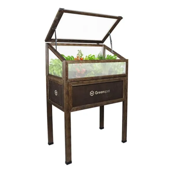 New Greenspot Miniväxthus med lock för balkong och terrass 80x45x120 cm - Växthus på träplattform, Upphöjd träbädd, Kallram med lock på höga ben, Mörk ros | CDON Växthus