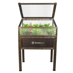 New Greenspot Miniväxthus med lock för balkong och terrass 80x45x120 cm - Växthus på träplattform, Upphöjd träbädd, Kallram med lock på höga ben, Mörk ros | CDON Växthus