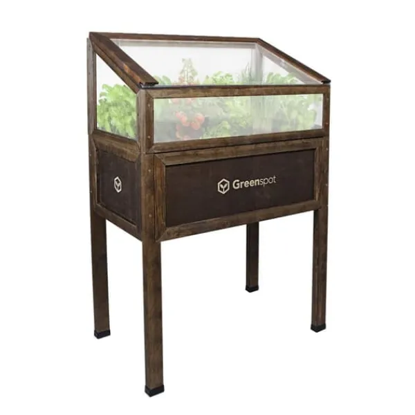 New Greenspot Miniväxthus med lock för balkong och terrass 80x45x120 cm - Växthus på träplattform, Upphöjd träbädd, Kallram med lock på höga ben, Mörk ros | CDON Växthus