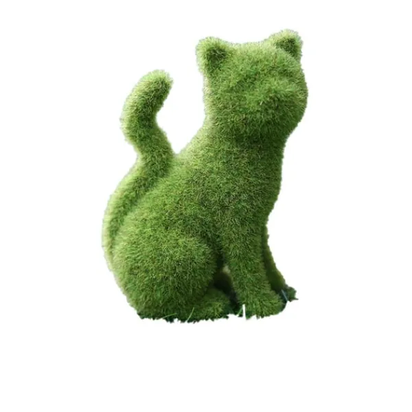 Clearance Grön sittande katt dekoration i resin med gräsimitation för utomhus trädgård och balkong Sitting kitten Trädgårdsprydnader