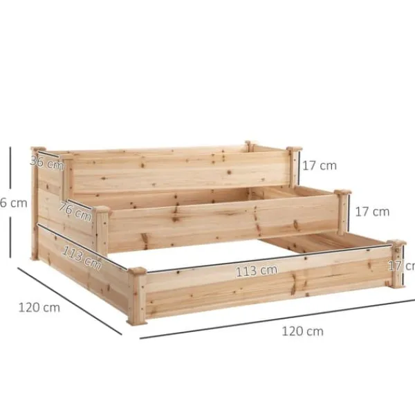 Högbädd 3-stegs i trä 124x124x56 cm – örttrappa för balkong & trädgård
