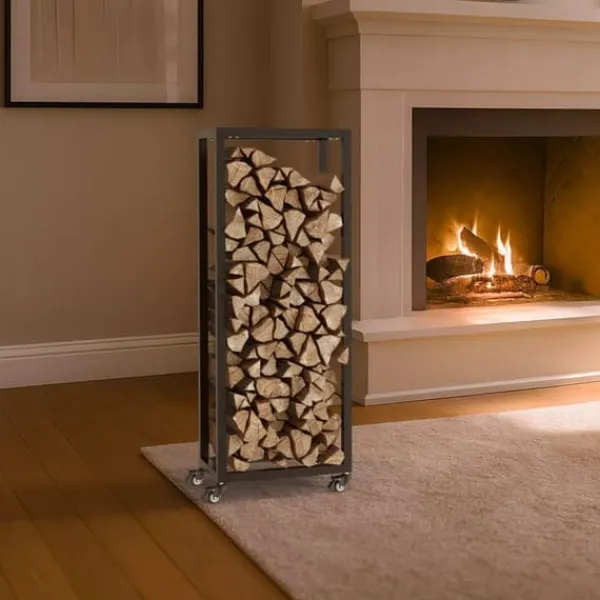 Hilta Metal Log Holder with Wheels, Black, 25x40x100 cm