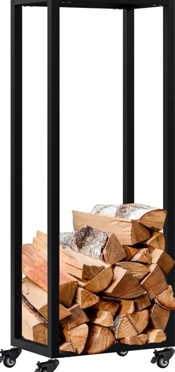 Hilta Metal Log Holder with Wheels, Black, 25x40x100 cm