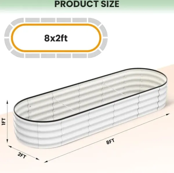 Clearance Höjd Trädgårdsbädd, Oval Galvaniserad Metallkonstruktion, Mångsidiga Planteringsalternativ,Vit 8x2x1 FT Krukor & Växtbehållare