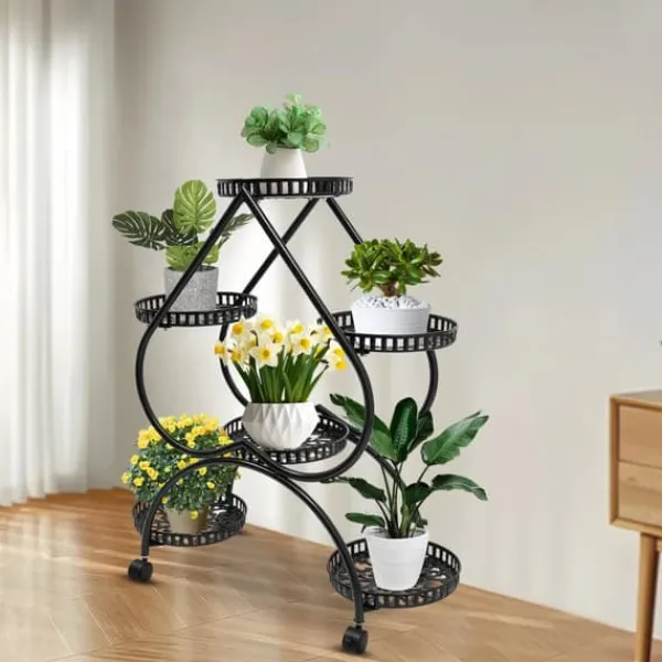 Hjärtformat växtställ - Blomsterställ - 6 hyllplan - Järn - 4 hjul (2 med broms) - 7,5 kg per hyllplan Växtställ