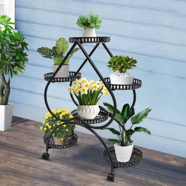 Hjärtformat växtställ - Blomsterställ - 6 hyllplan - Järn - 4 hjul (2 med broms) - 7,5 kg per hyllplan Växtställ