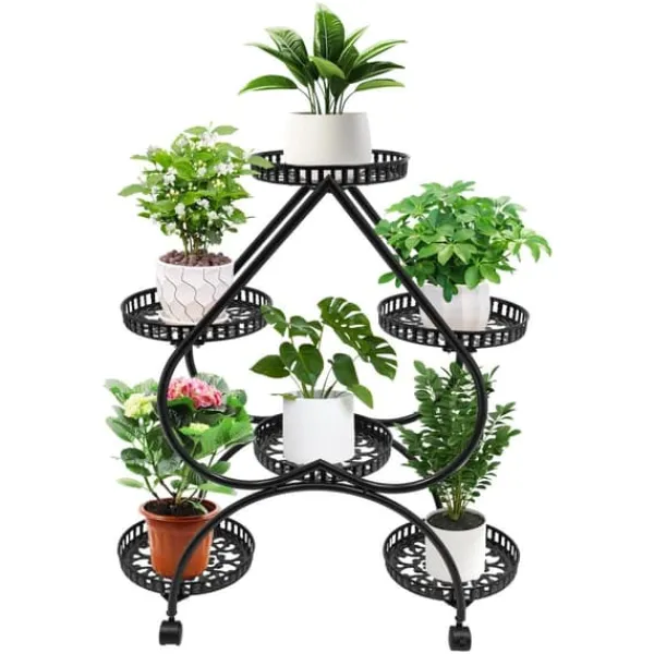 Hjärtformat växtställ - Blomsterställ - 6 hyllplan - Järn - 4 hjul (2 med broms) - 7,5 kg per hyllplan Växtställ