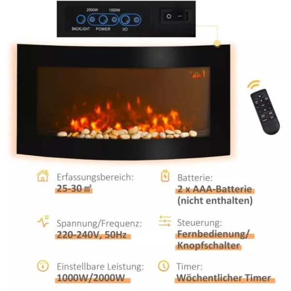 HOMCOM Elektrisk Kamin Väggmonterad 89,2 x 13,5 x 48 cm Svart Metall och Glas