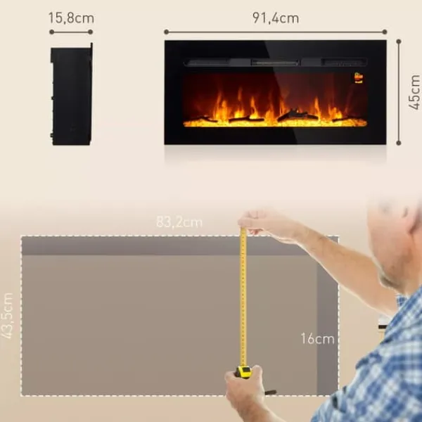 New HOMCOM Elektrisk väggkamin | 1800W | LED-flamma i 3 färger, 5 ljusstyrkor | Fjärrkontroll & pekskärm | Svart Härdat Glas Öppna Spisar