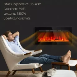 New HOMCOM Elektrisk väggkamin | 1800W | LED-flamma i 3 färger, 5 ljusstyrkor | Fjärrkontroll & pekskärm | Svart Härdat Glas Öppna Spisar