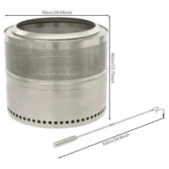 Hopfällbar Eldstad - Rund Eldplats - Rostfritt Stål 201 - Rökfri - Portabel - Vedeldad (Ved Ingår Ej) - Eldkrok 63 cm - Silver Vedeldade Kaminer