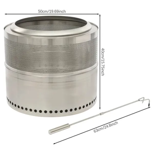 Hopfällbar Eldstad - Rund Eldplats - Rostfritt Stål 201 - Rökfri - Portabel - Vedeldad (Ved Ingår Ej) - Eldkrok 63 cm - Silver Vedeldade Kaminer