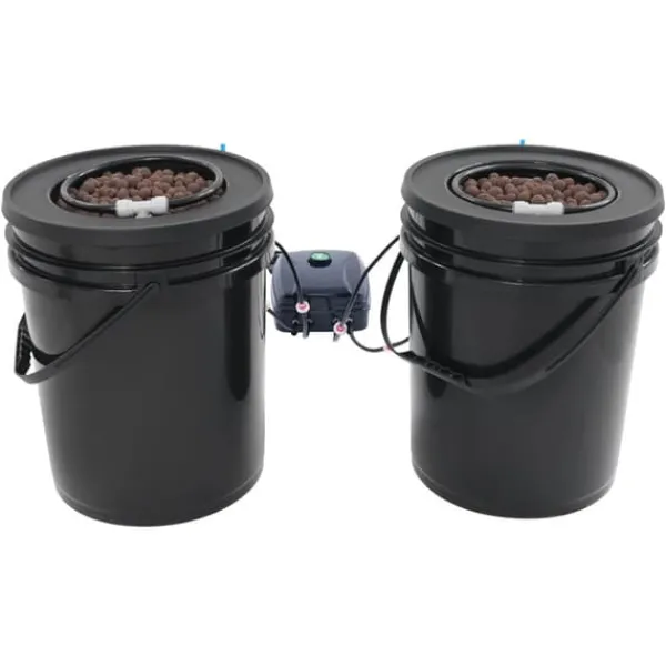 Hydroponiskt DWC odlingssystem - Komplett kit - 2×18,9 L hinkar - Luftpump 4×4 L/min - 220V 50Hz EU-plugg - PP-plast - Svart