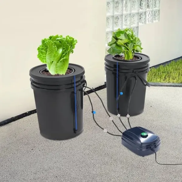 Hydroponiskt DWC odlingssystem - Komplett kit - 2×18,9 L hinkar - Luftpump 4×4 L/min - 220V 50Hz EU-plugg - PP-plast - Svart
