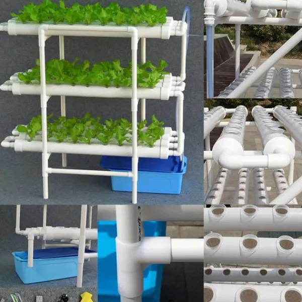 Hydroponiskt odlingskit - Rörsystem för växter - 90 odlingsplatser - 3 lager - PVC-U - Rör Ø 6,3 cm - Hål Ø 3,2 cm - Ljusgrå