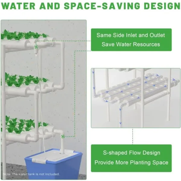 Hydroponiskt odlingskit - Grönsaksodlingssystem - 108 plantplatser - 3 nivåer - 12 rör - Vattenpump - För hem/kontor - Vit