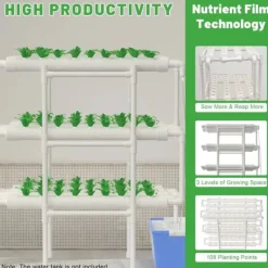 Hydroponiskt odlingskit - NFT-system 3-lagers - 108 hål - Jordlös odling - Plast, odlingskrukor, komplett set - Vit