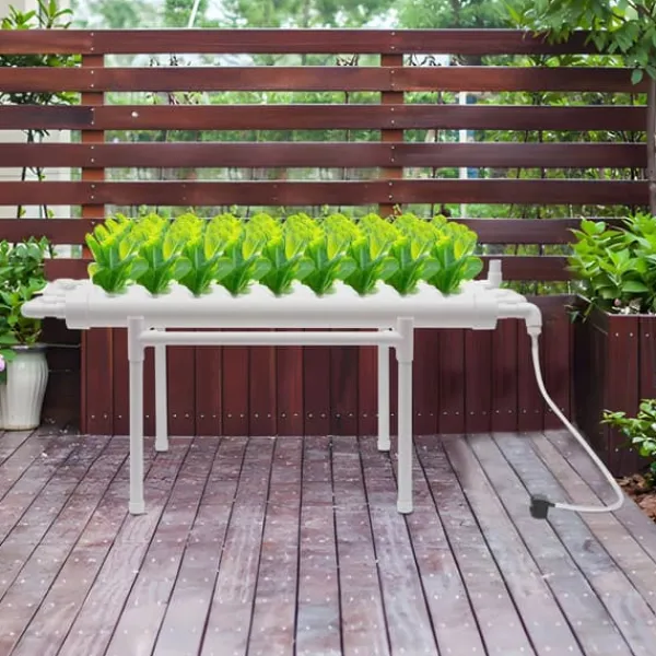 Hydroponiskt odlingskit - Hydroponiskt system - 4 rör - 36 odlingshål - En nivå - För grönsaker, örter, blommor - Vit