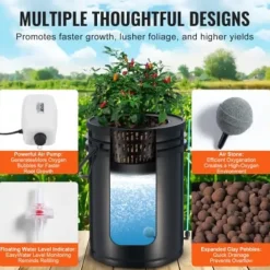 Hydroponiskt odlingssystem, 5-gallons djupvattenkultur, 30x30x38 cm, svart, PP-material