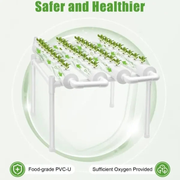 Hydroponiskt odlingssystem - 1-lagers rörsystem - 54 odlingsplatser - PVC-U - Rör Ø 6,3 cm, Hål Ø 3,2 cm - Vattensnålt - Ljusgrå