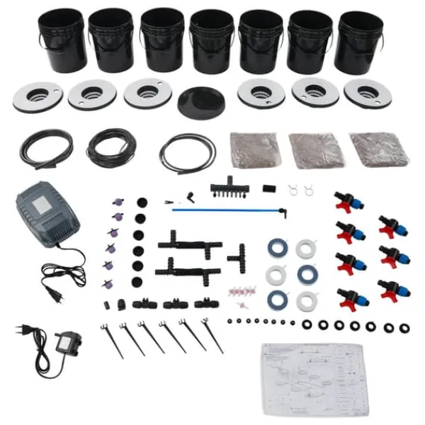 Hydroponiskt odlingssystem - kit - 7 delar - 20 l odlingshinkar - jordlös odling - med luftpump - svart