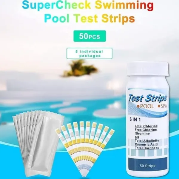 6-i-1 Pool- och Spa-teststickor , Vattentestare 50-pack - pH, Klor, Alkalinitet, Cyanursyra, Hårdhet