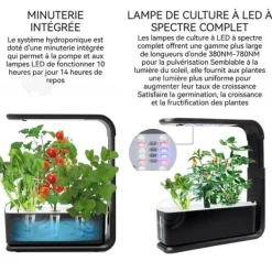 INN Hydroponisk med 3 krukor, LED-växtlampa och justerbart stativ i höjd, Tyst smart pump-kit, Svart
