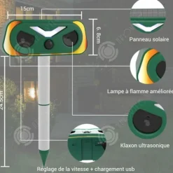 INN Katt avskräckare ultraljud 15x24,5cm 2 lägen blinkande ljus ip66 infraröd sensor solenergi USB-laddning ultraljud